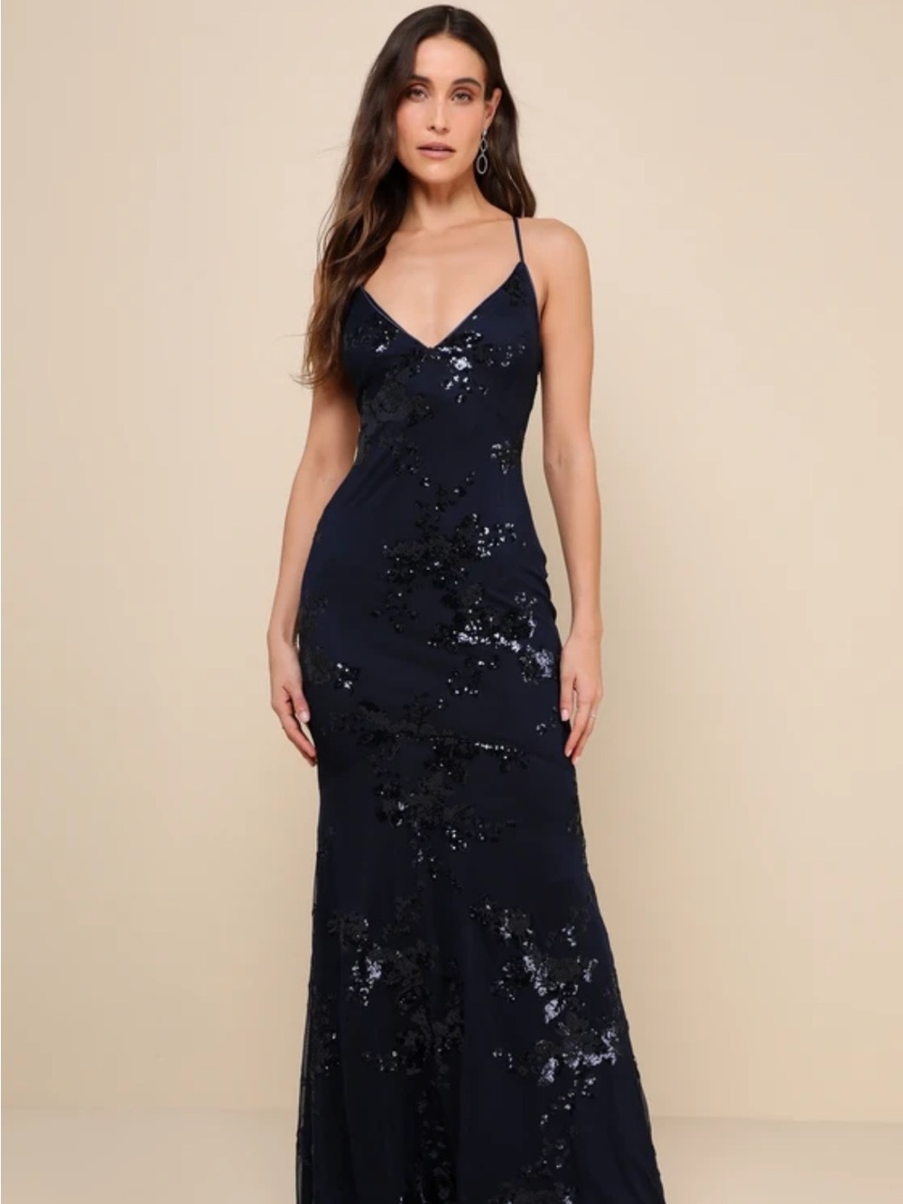 Lulus Navy Sequin Maxi Slip Dress with Spaghetti Straps